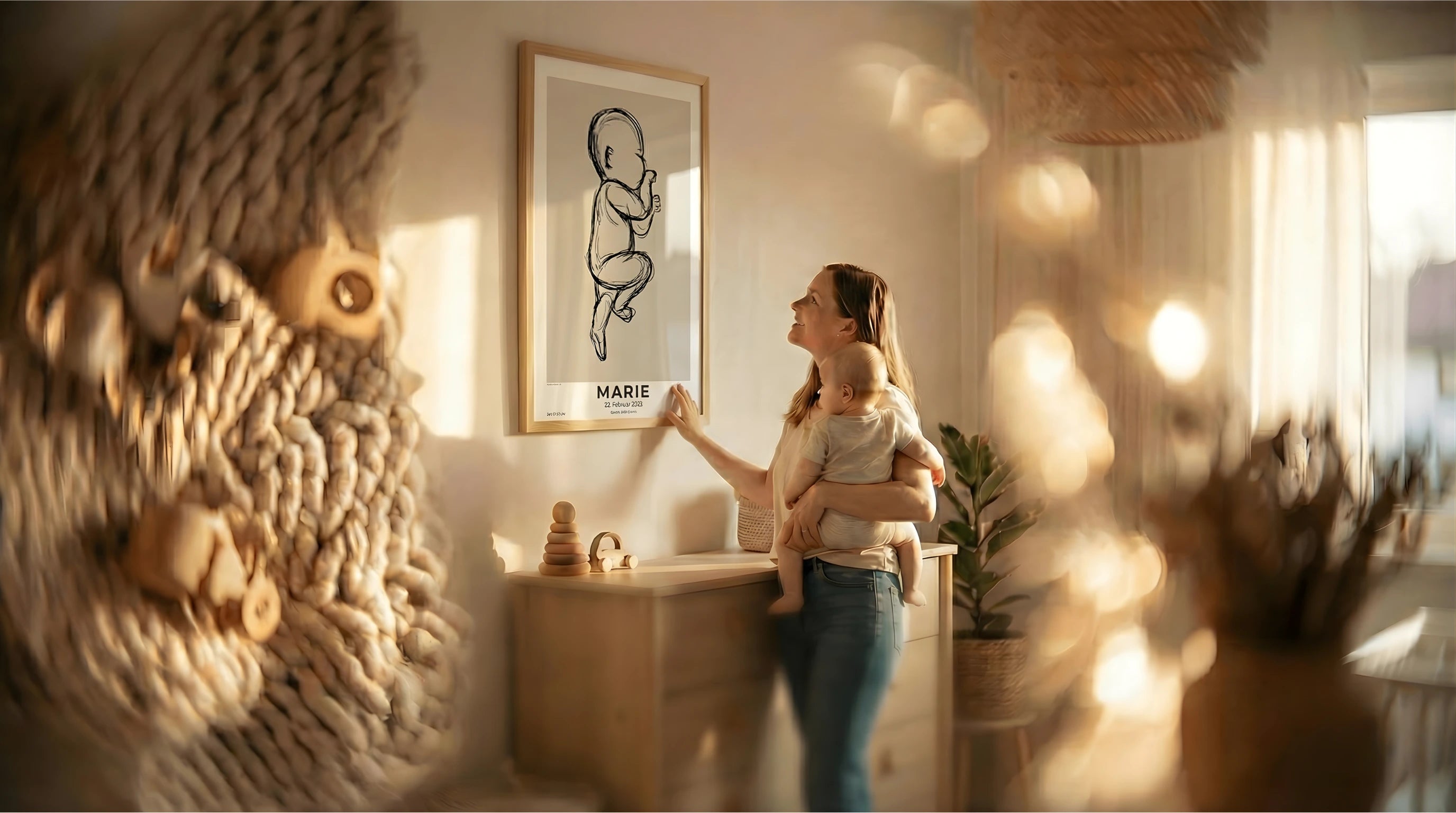 Glückliche Mutter hält ihr Baby im Arm und betrachtet ein personalisiertes 1:1 Geburtsposter im Eichenrahmen, das die echte Originalgröße des Neugeborenen als feine Linienzeichnung zeigt.