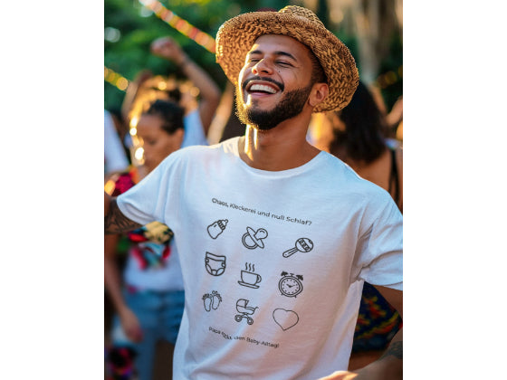 Geschenk für Papa. Weißes T-Shirt für Herren mit Alltagssymbolen für Väter.