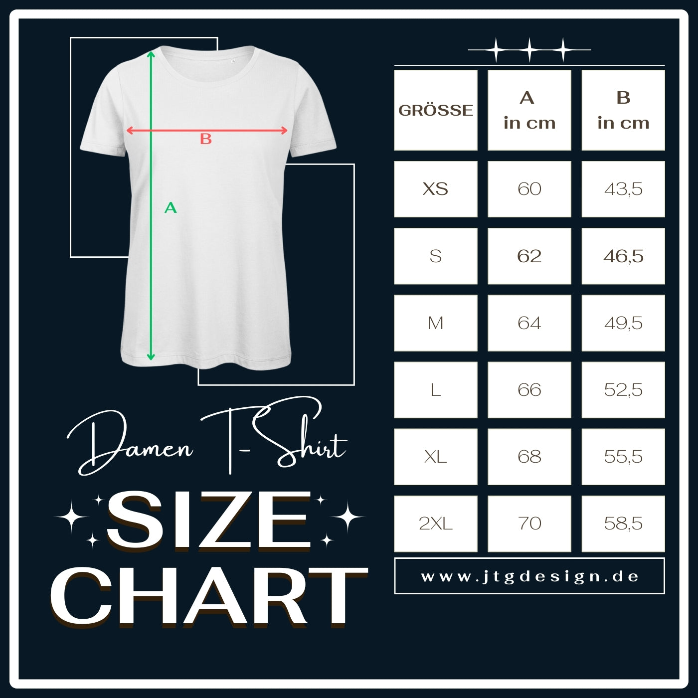 Größentabelle Damen T-Shirt aus Bio Baumwolle.