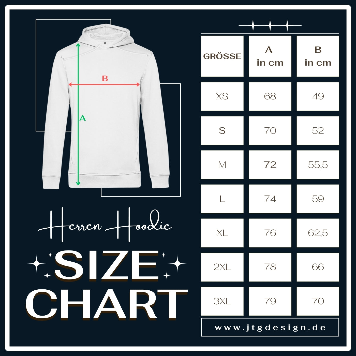 Größentabelle Herren Hoodie aus Bio Baumwolle.