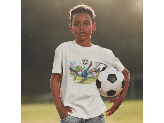 Jungen T-Shirt in weiß mit Fußballmotiv. Dinosaurier spielt Fußball.