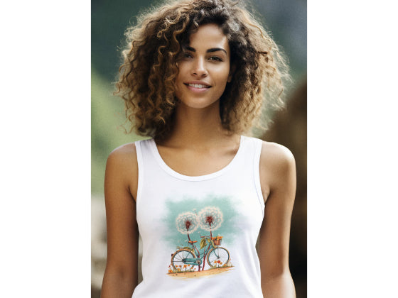 Sommerliches Tank Top für Damen mit Fahrrad Pusteblumen Motiv.