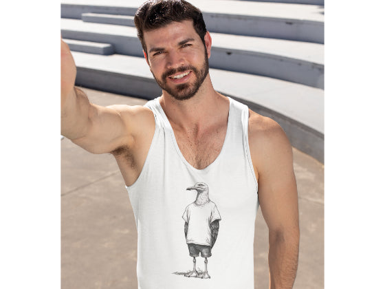 Tank Top für Herren in weiß mit künstlerischem Möwe Motiv.