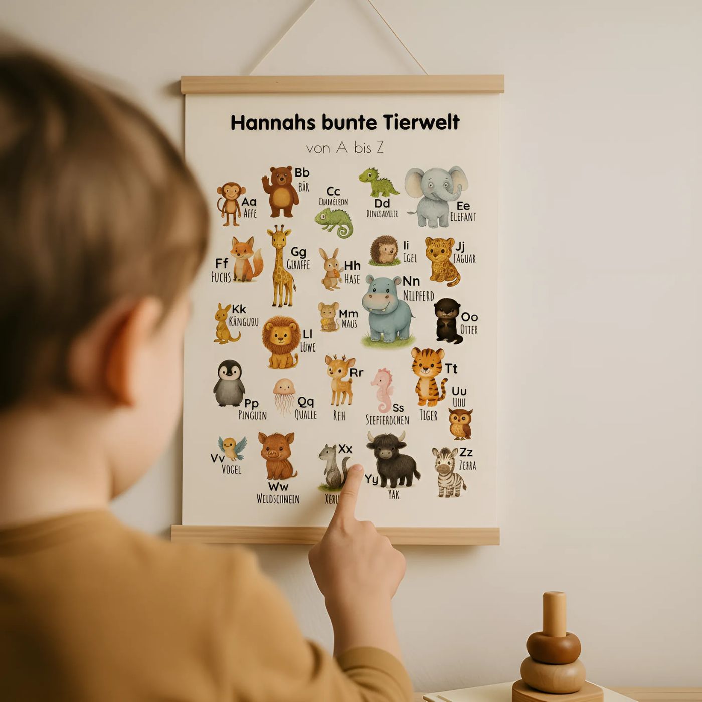 ABC Poster im Kinderzimmer, Kinderhand zeigt auf Buchstaben, frühe Buchstabenerkennung, Lernposter