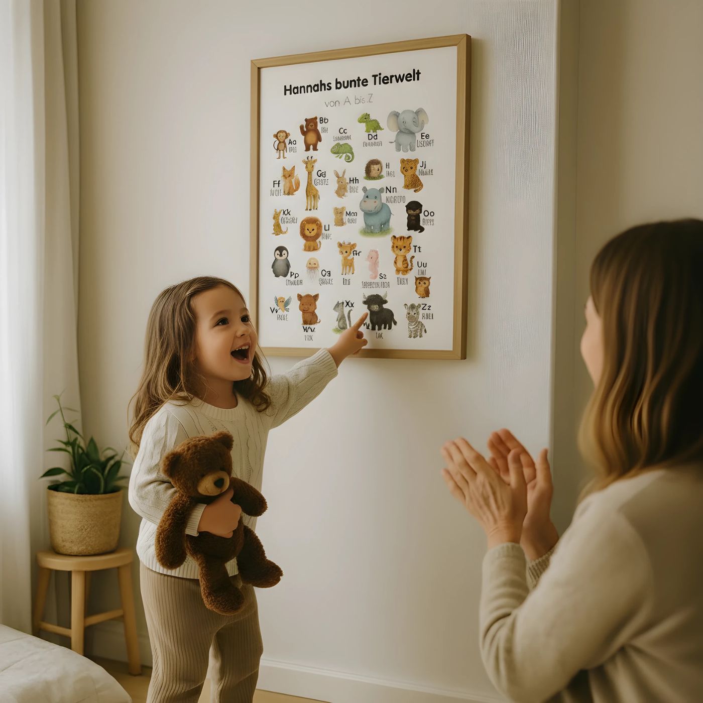 ABC Poster im Kinderzimmer, fröhliches Kind beim Lernen neuer Wörter und Buchstaben, Lernposter