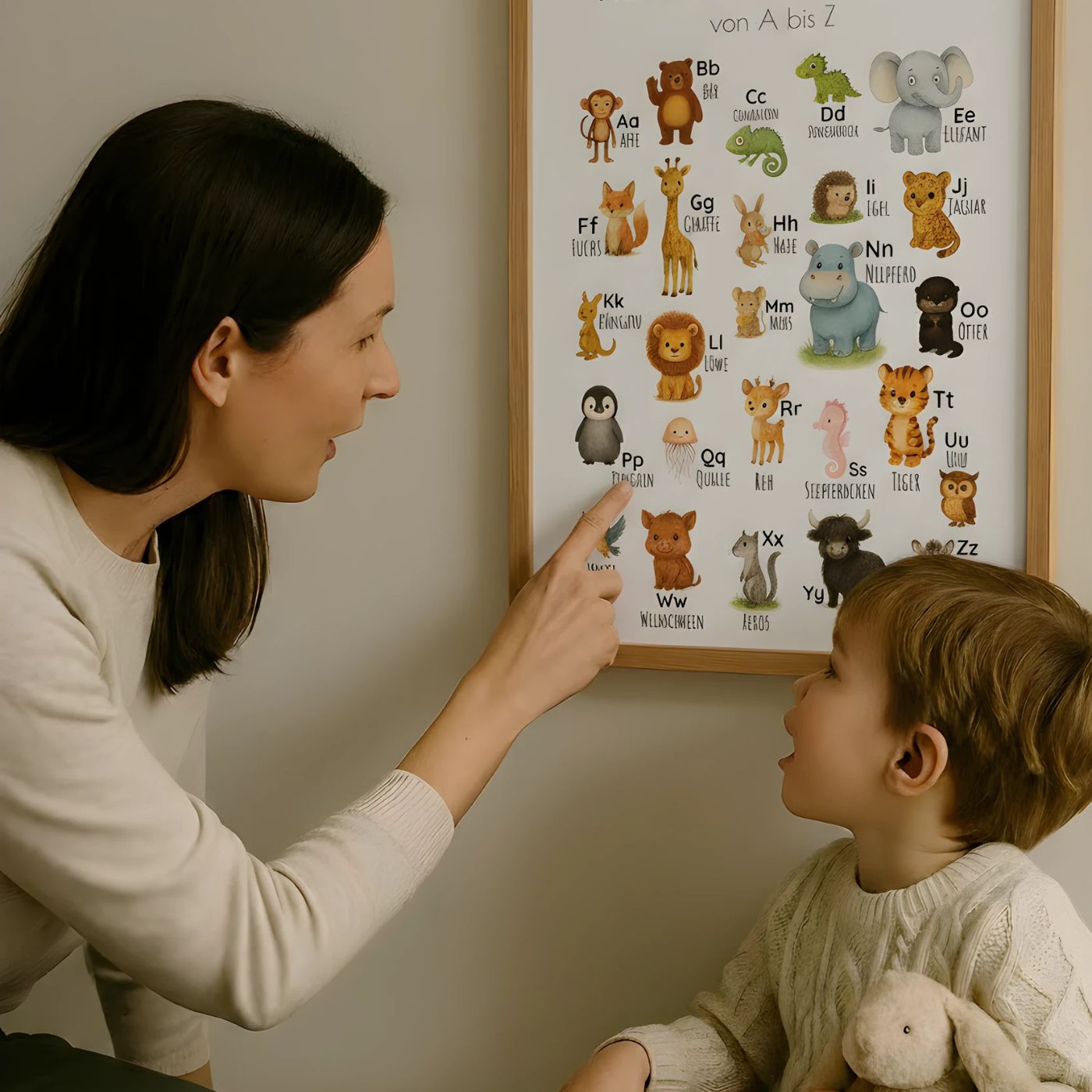ABC Poster im Kinderzimmer, spielerisches Lernen von Wörtern durch Bilder, Lernposter