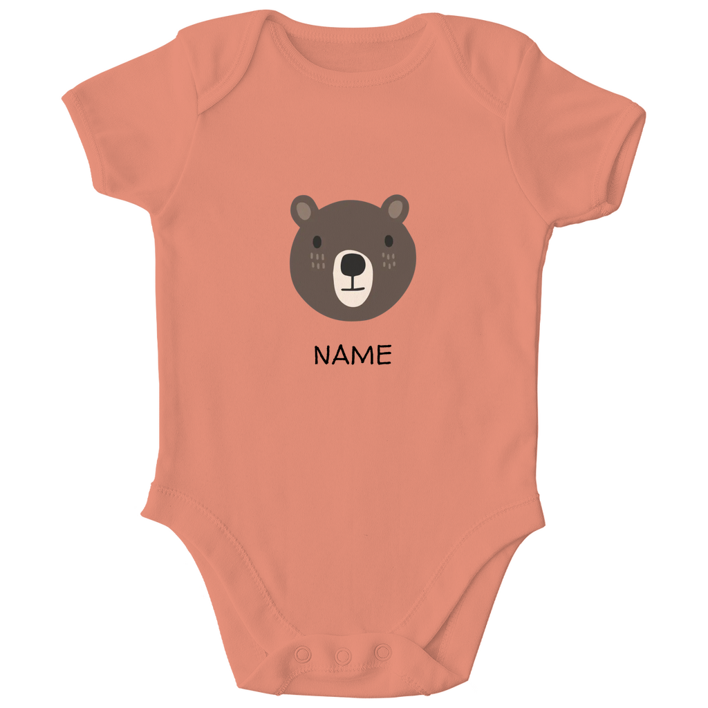 Baby Kurzarm Body "Cuddly Bear" in Orange: Minimalistisches Bären-Tiermotiv im skandinavischen Design, personalisierbar mit Namen