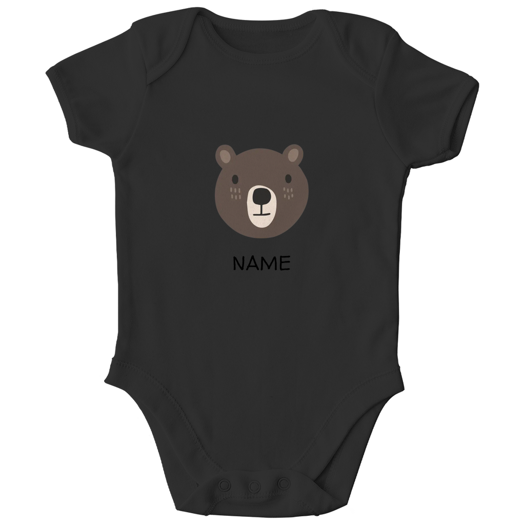Baby Kurzarm Body "Cuddly Bear" in Schwarz: Minimalistisches Bären-Tiermotiv im skandinavischen Design, personalisierbar mit Namen