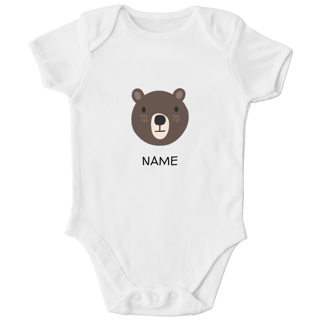 Baby Kurzarm Body "Cuddly Bear" in Weiß: Minimalistisches Bären-Tiermotiv im skandinavischen Design, personalisierbar mit Namen