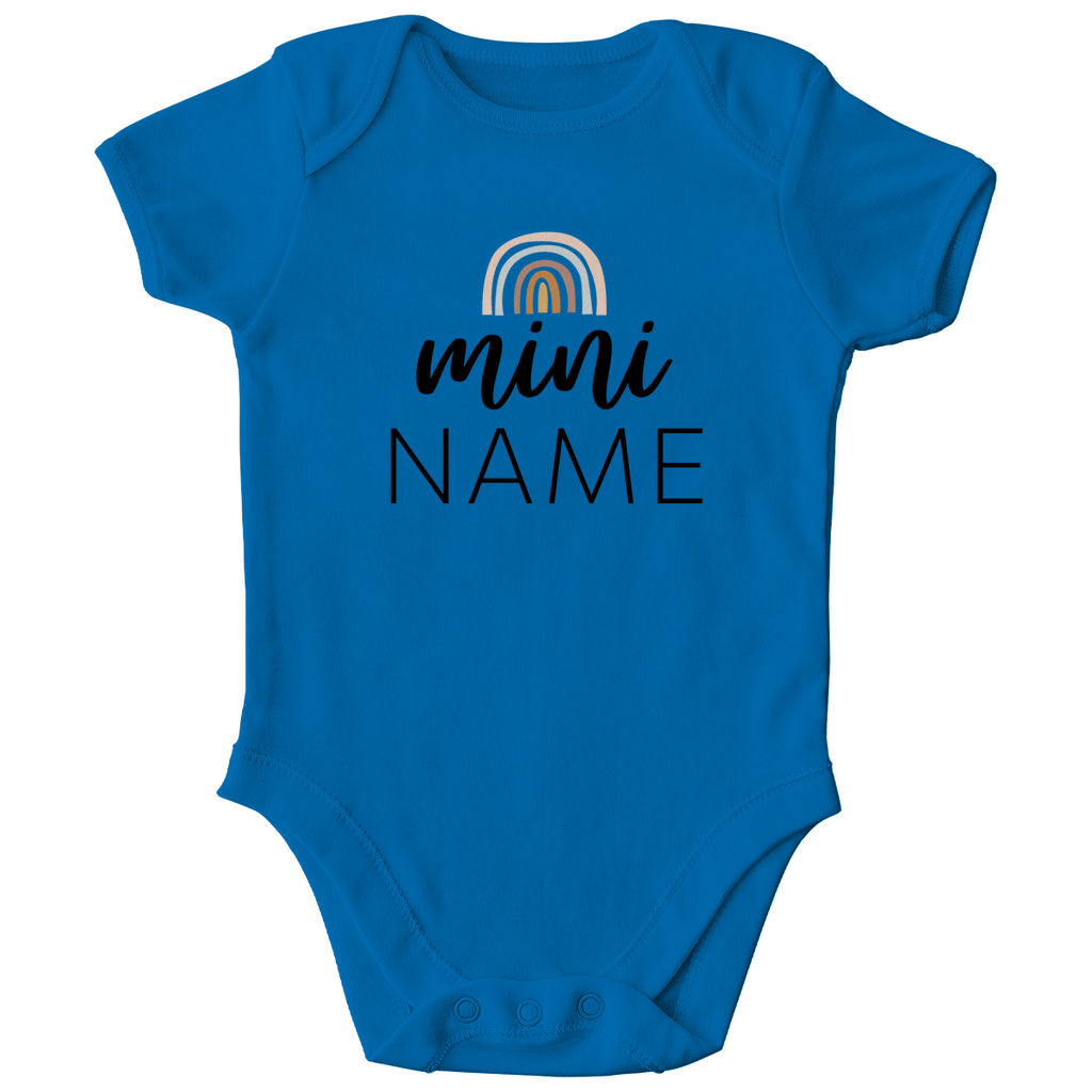 Baby Kurzarm Body "Rainbow Soul" für Jungen in Blau mit Boho-Regenbogen, aus Bio-Baumwolle, personalisierbar mit Wunschnamen