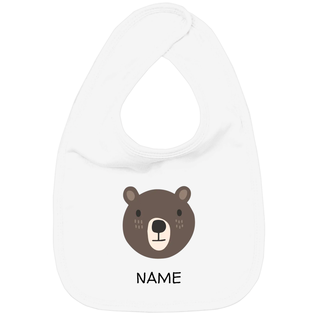Baby Lätzchen "Cuddly Bear" in Weiß: Minimalistisches Bären-Tiermotiv im skandinavischen Design, personalisierbar mit Namen