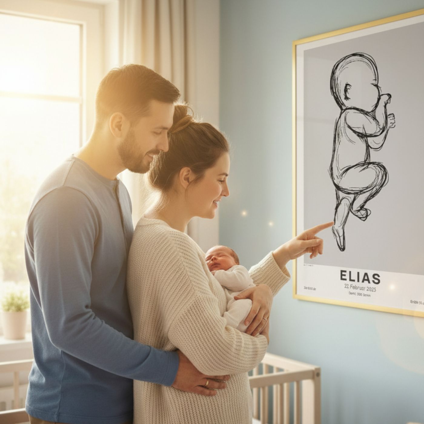 Familie mit Neugeborenem betrachtet personalisierbares Babyposter in Geburtsgröße im Kinderzimmer, emotionale Erinnerung in Deutschland