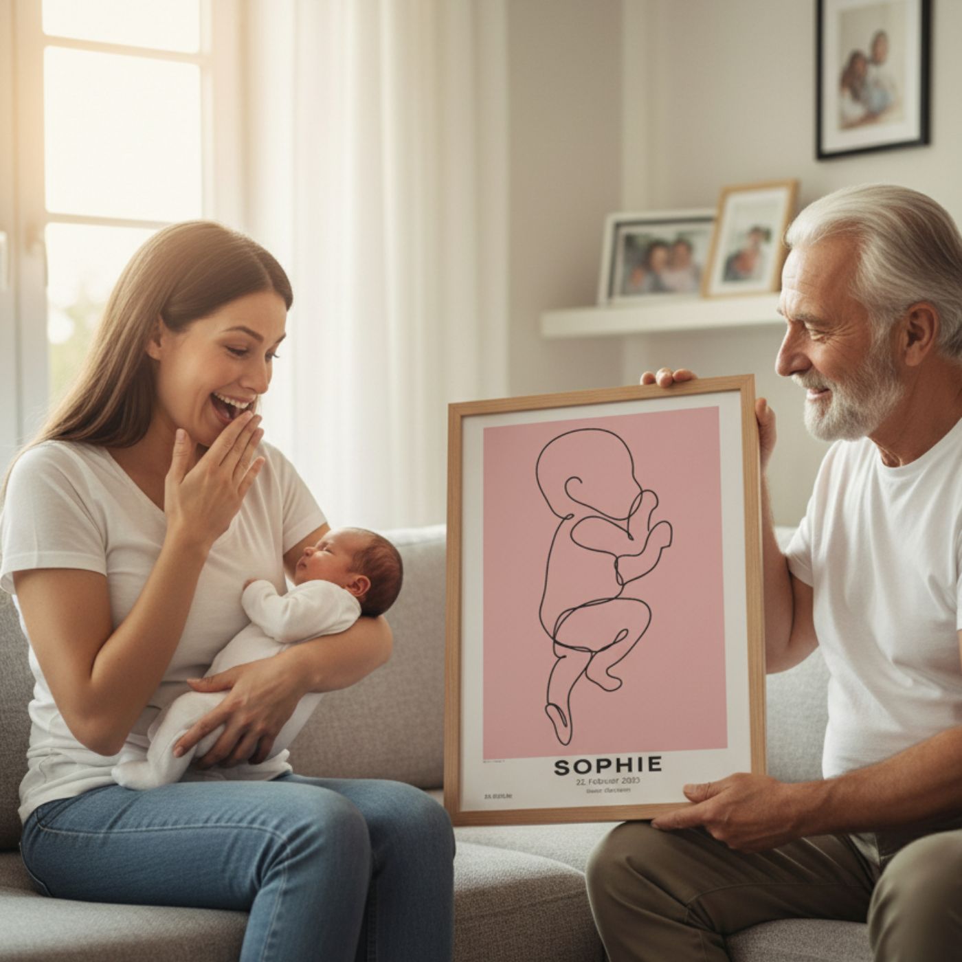 Opa überreicht personalisiertes Babyposter an frischgebackene Mutter mit Neugeborenem, ideales Geschenk zur Geburt in Deutschland