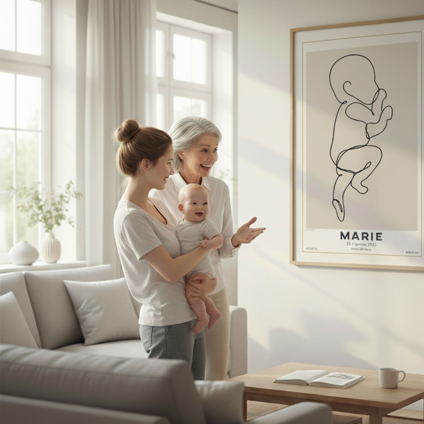 Großformatiges Babyposter 50x70 cm an der Wand, Familie mit Baby und Großmutter, einzigartiger Blickfang für Wohnzimmer in Deutschland
