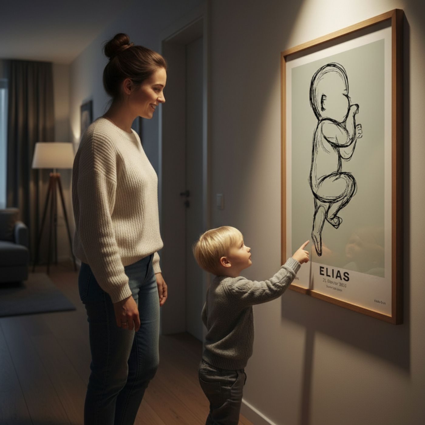 Mutter und Sohn betrachten personalisiertes Babyposter mit Geburtsgröße an der Wand, im Shop individuell gestaltbar, Deutschland