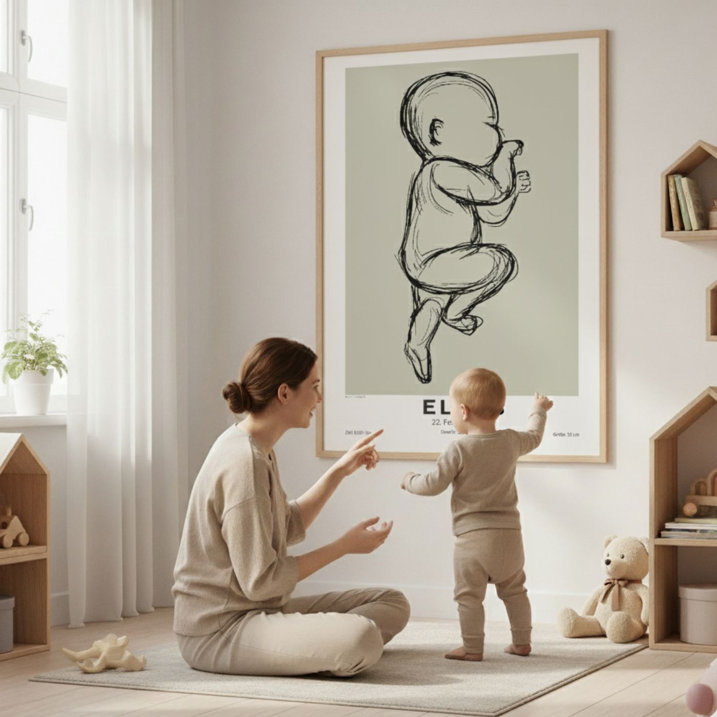 Mutter spielt mit Kleinkind vor personalisiertem Babyposter in Geburtsgröße, individuelles Unikat als Wanddeko für Kinderzimmer in Deutschland