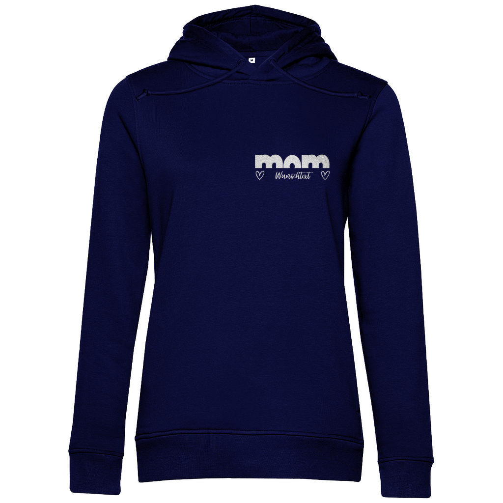 Damen Hoodie „mom Bright“ aus Bio-Baumwolle in Navy Blau – personalisierbarer Print mit Herz-Details für stilvolle Mamas