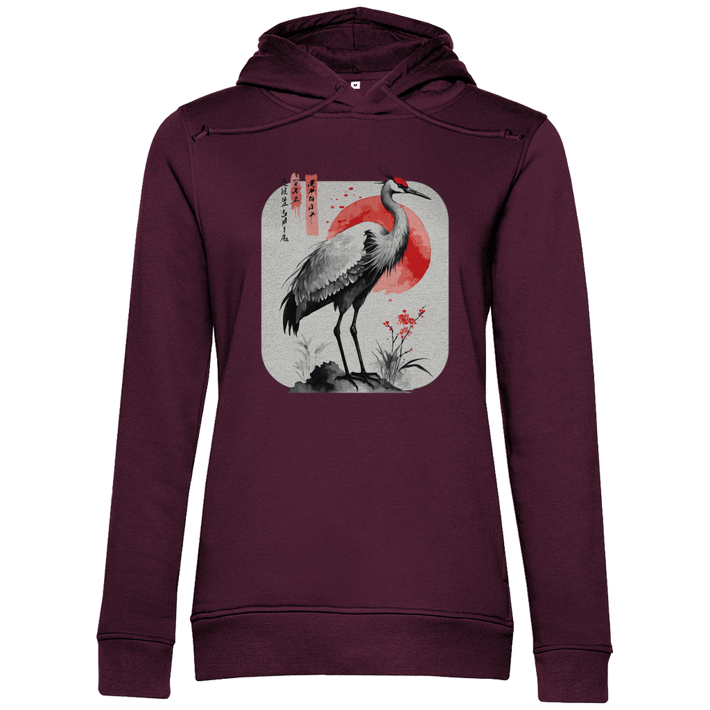 Damen Hoodie „Red Sun Crane“ – Zen - inspiriertes Kranichmotiv im Sumi - e Stil aus Bio - Baumwolle - Clothes - JTG DESIGN