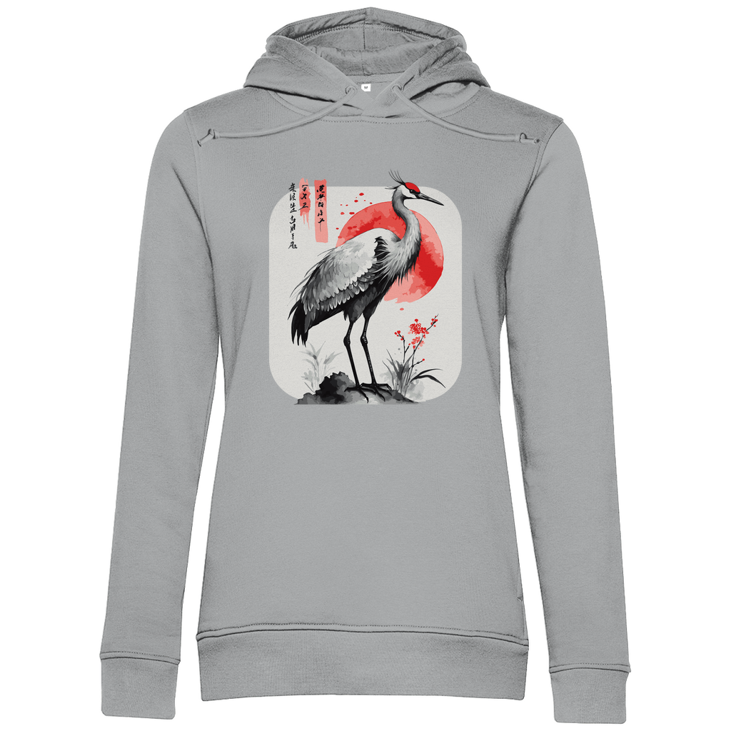 Damen Hoodie „Red Sun Crane“ – Zen - inspiriertes Kranichmotiv im Sumi - e Stil aus Bio - Baumwolle - Clothes - JTG DESIGN