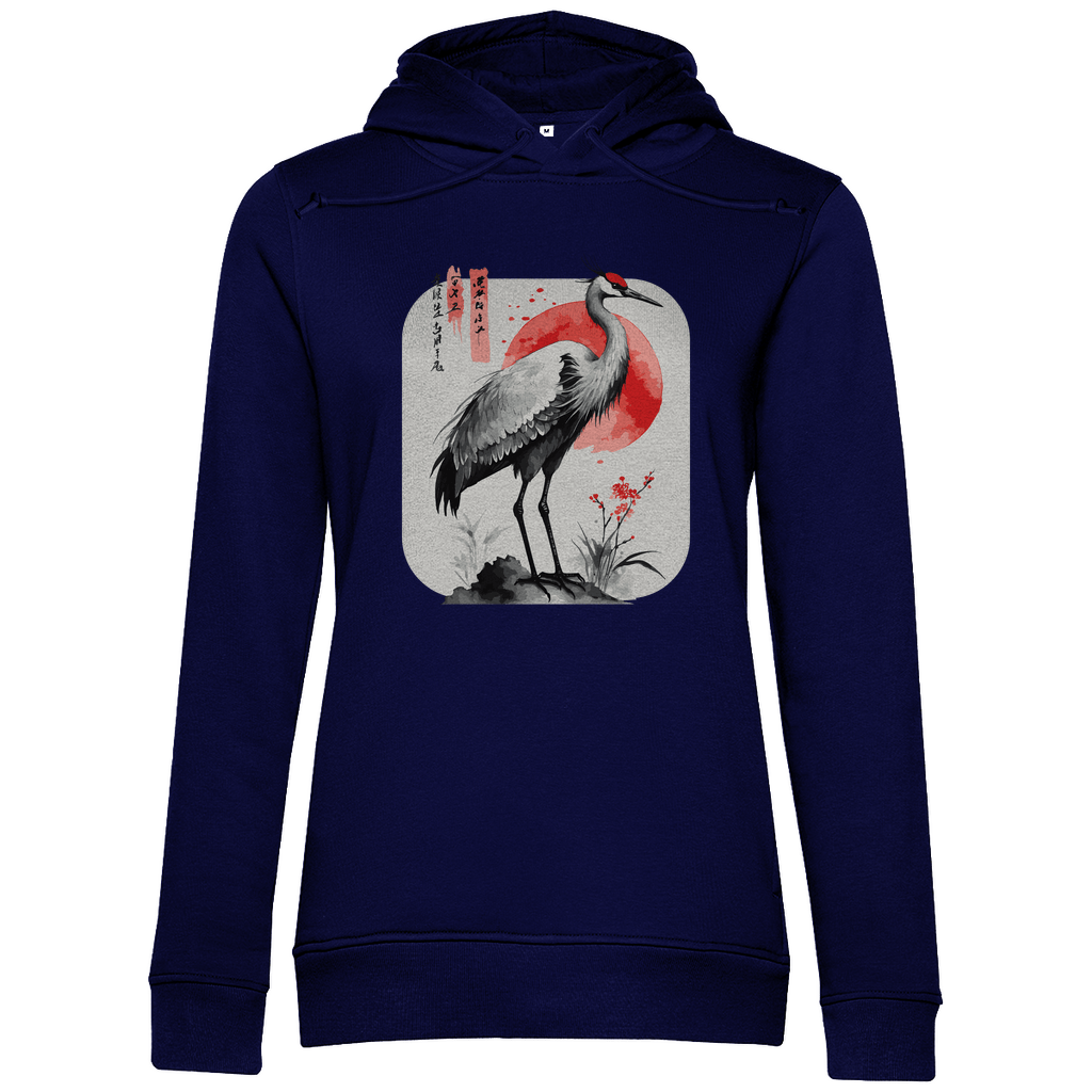 Damen Hoodie „Red Sun Crane“ – Zen - inspiriertes Kranichmotiv im Sumi - e Stil aus Bio - Baumwolle - Clothes - JTG DESIGN