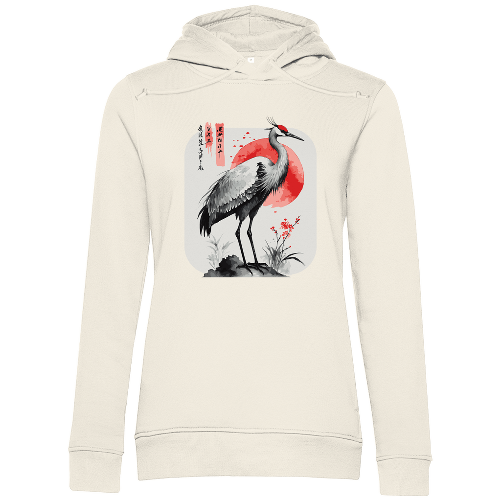 Damen Hoodie „Red Sun Crane“ – Zen - inspiriertes Kranichmotiv im Sumi - e Stil aus Bio - Baumwolle - Clothes - JTG DESIGN