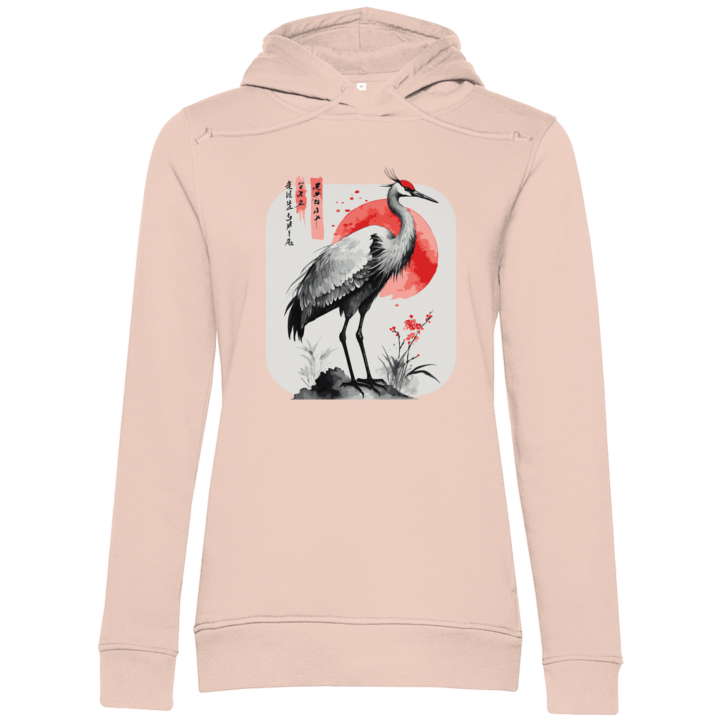 Damen Hoodie „Red Sun Crane“ – Zen - inspiriertes Kranichmotiv im Sumi - e Stil aus Bio - Baumwolle - Clothes - JTG DESIGN