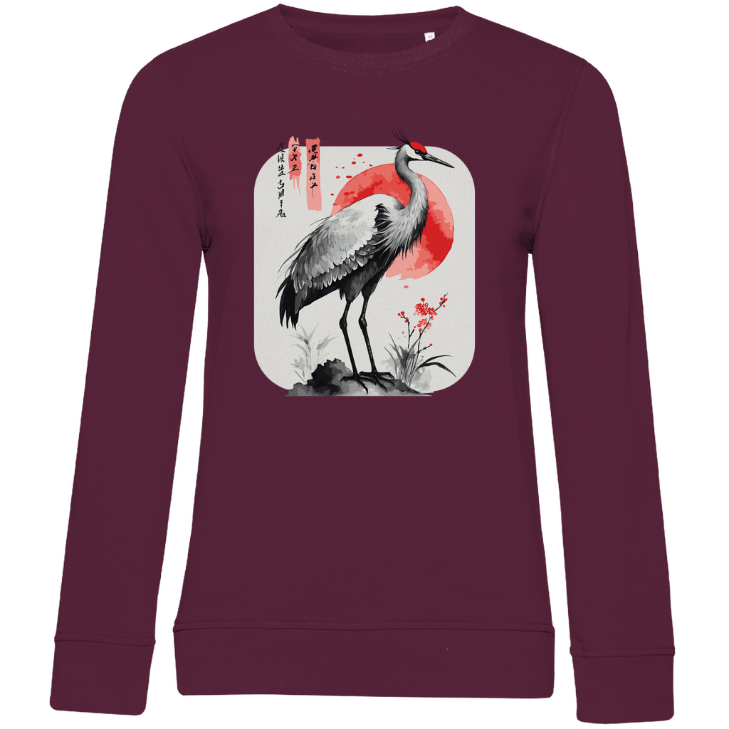 Damen Sweatshirt „Red Sun Crane“ – Zen - inspiriertes Kranichmotiv im Sumi - e Stil aus Bio - Baumwolle - Clothes - JTG DESIGN