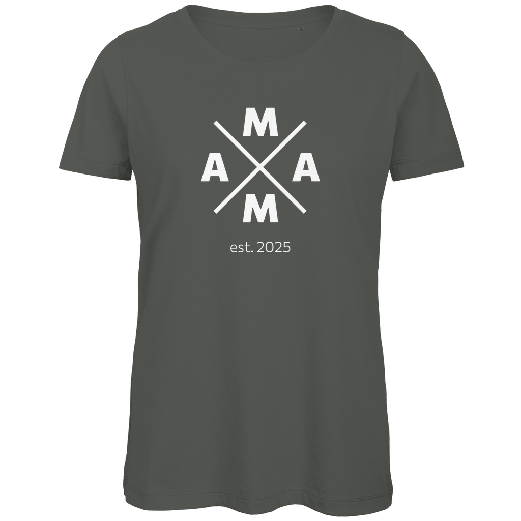 Personalisierbares Damen T-Shirt "MAMA X" in Khaki aus Bio-Baumwolle mit markanter X-Grafik und MAMA-Schriftzug, individuell anpassbar mit Namen oder persönlichen Details.