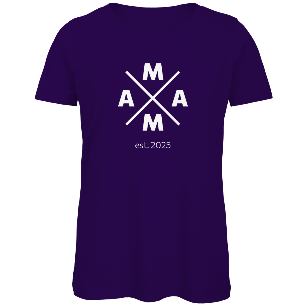 Personalisierbares Damen T-Shirt "MAMA X" in Lila aus Bio-Baumwolle mit markanter X-Grafik und MAMA-Schriftzug, individuell anpassbar mit Namen oder persönlichen Details.