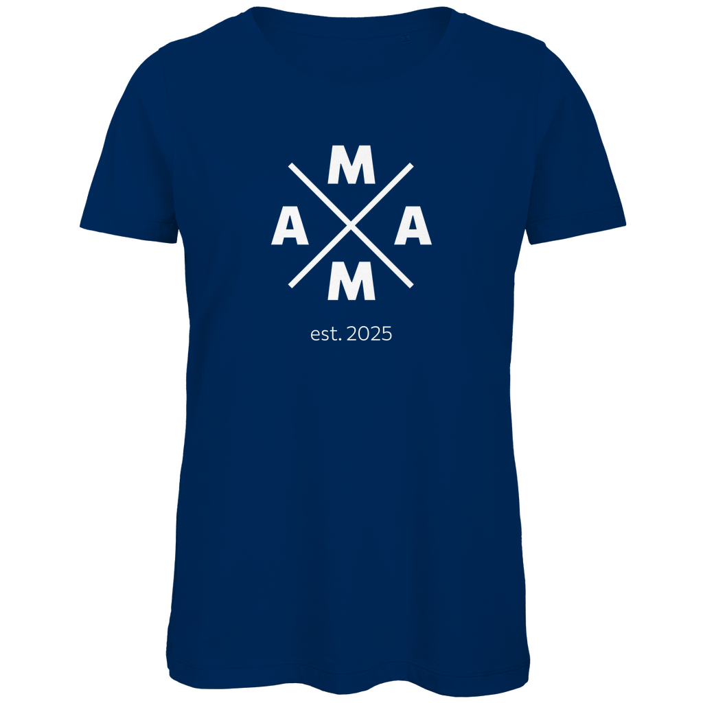 Personalisierbares Damen T-Shirt "MAMA X" in Navyblau aus Bio-Baumwolle mit markanter X-Grafik und MAMA-Schriftzug, individuell anpassbar mit Namen oder persönlichen Details.
