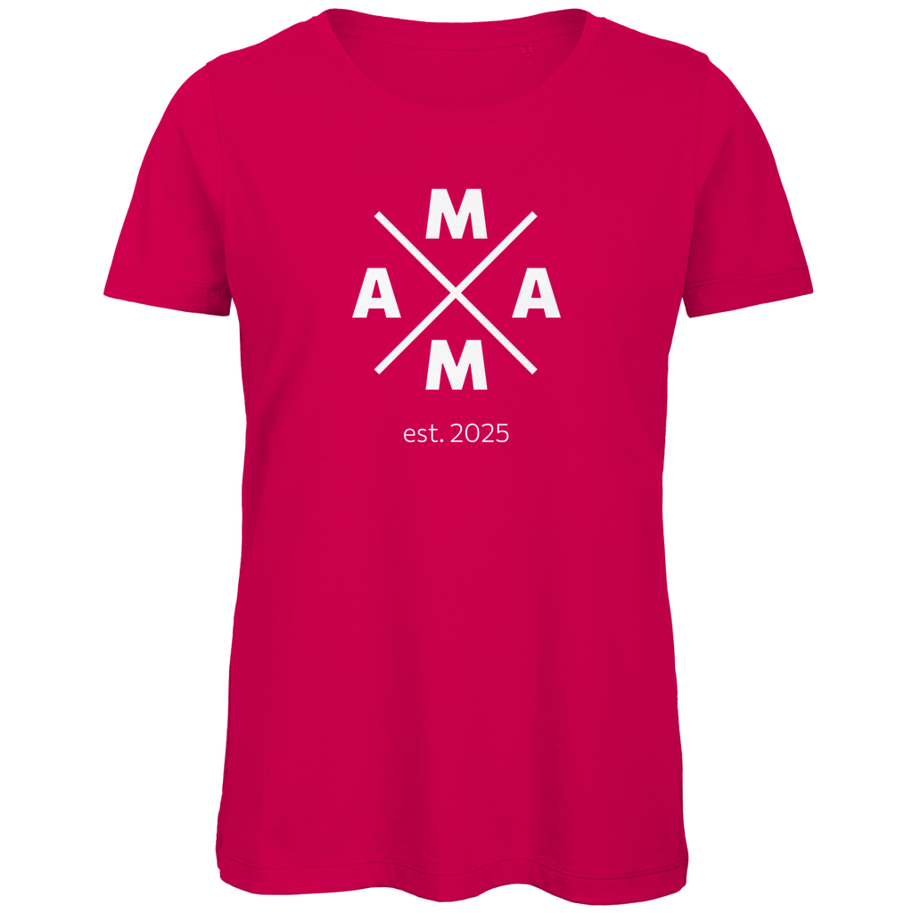 Personalisierbares Damen T-Shirt "MAMA X" in Pink aus Bio-Baumwolle mit markanter X-Grafik und MAMA-Schriftzug, individuell anpassbar mit Namen oder persönlichen Details.