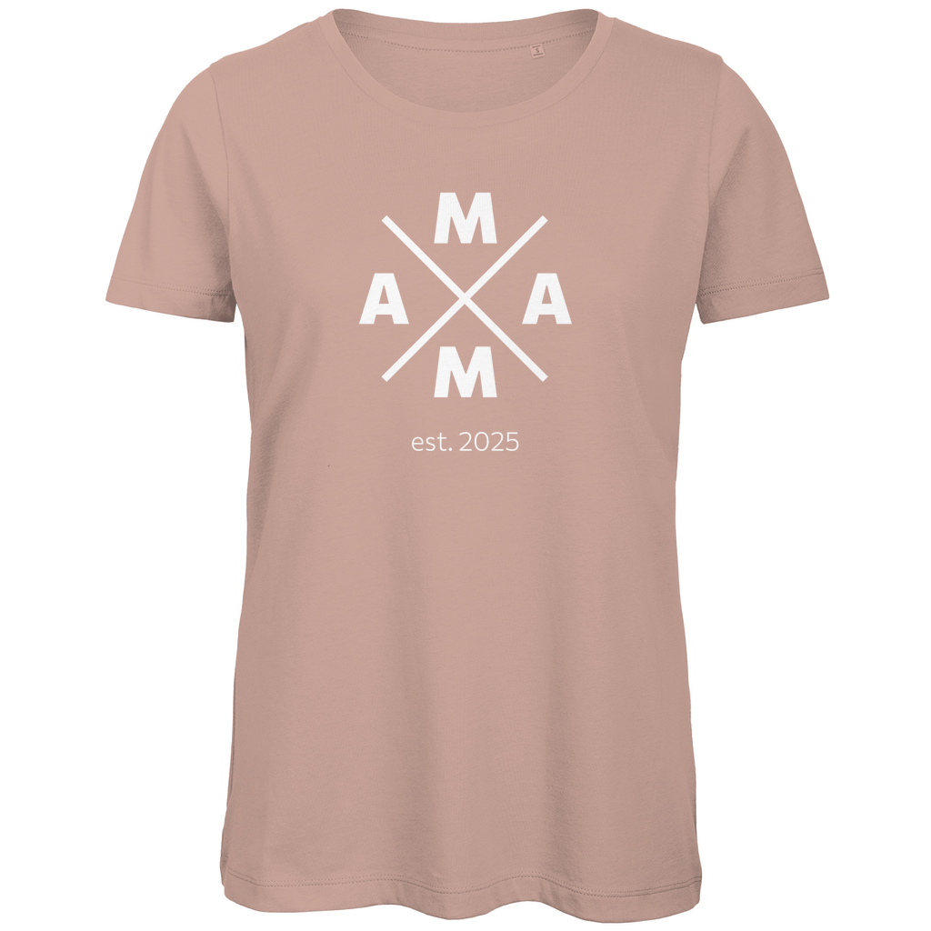 Personalisierbares Damen T-Shirt "MAMA X" in Rosa aus Bio-Baumwolle mit markanter X-Grafik und MAMA-Schriftzug, individuell anpassbar mit Namen oder persönlichen Details.