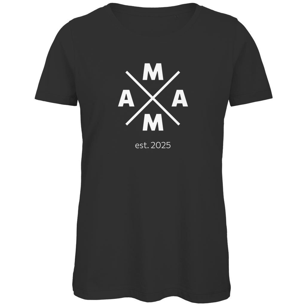 Personalisierbares Damen T-Shirt "MAMA X" in Schwarz aus Bio-Baumwolle mit markanter X-Grafik und MAMA-Schriftzug, individuell anpassbar mit Namen oder persönlichen Details.