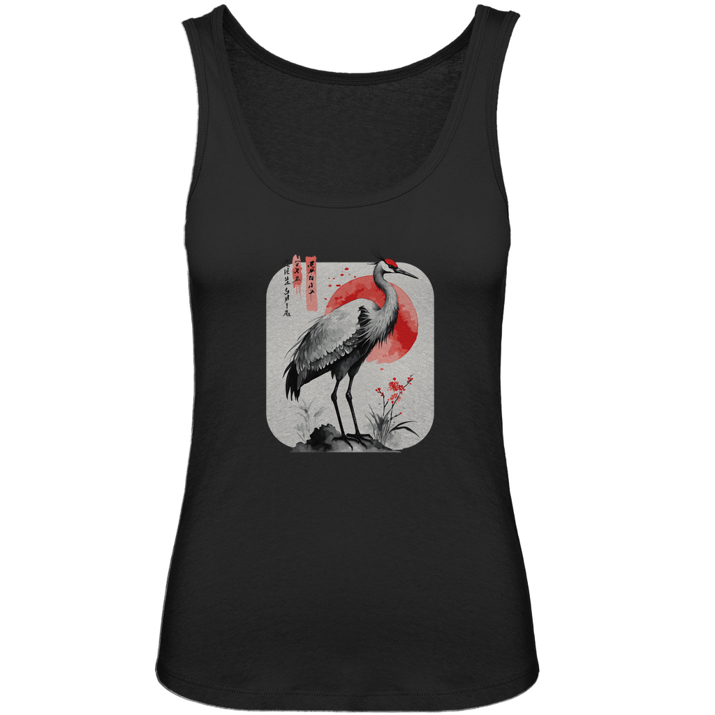 Damen Tanktop „Red Sun Crane“ – Zen - inspiriertes Kranichmotiv im Sumi - e Stil aus Bio - Baumwolle - Clothes - JTG DESIGN