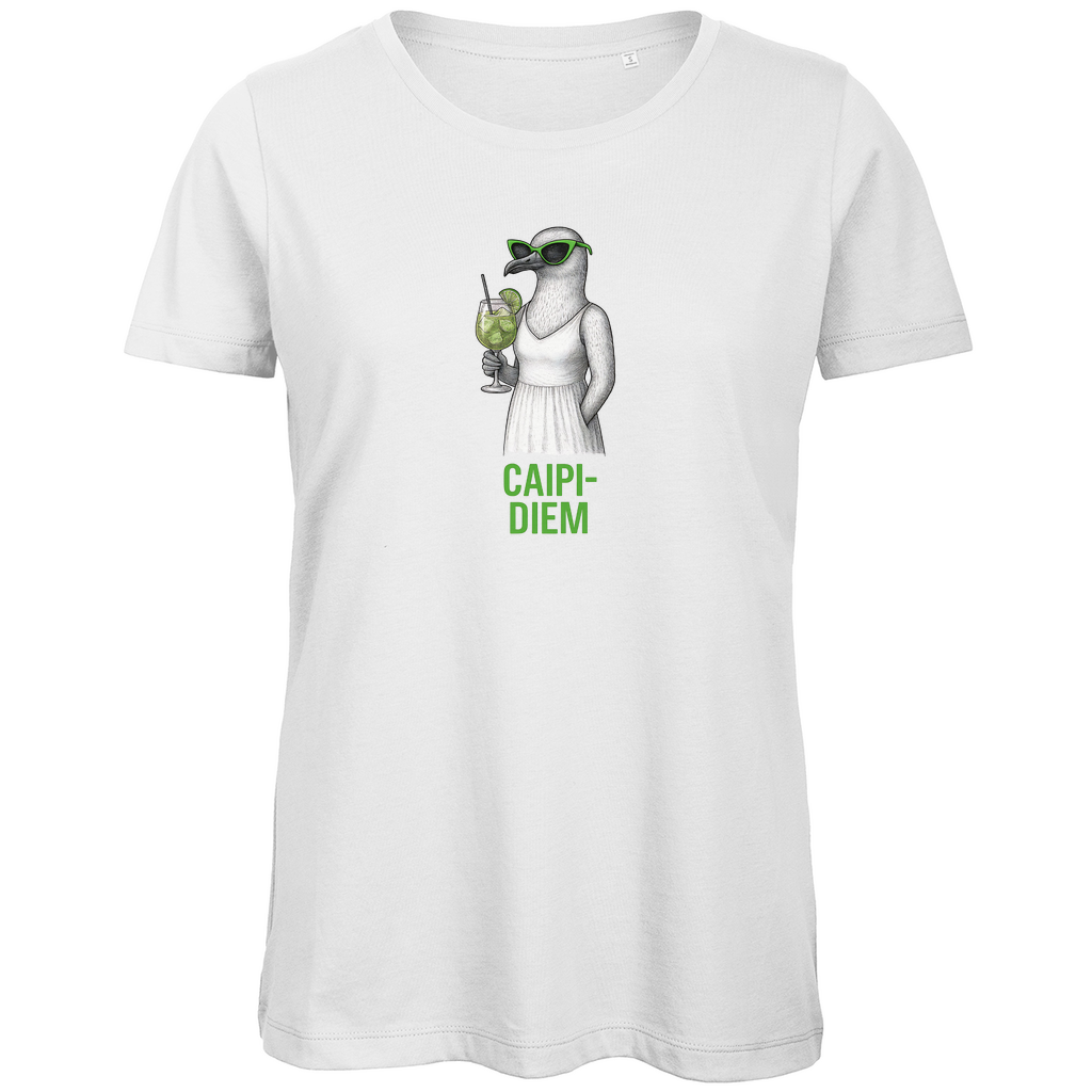 Damen T-Shirt „Caipi-Diem“ aus Bio-Baumwolle in Weiß – Sommerprint mit Möwe, Sonnenbrille und Caipirinha