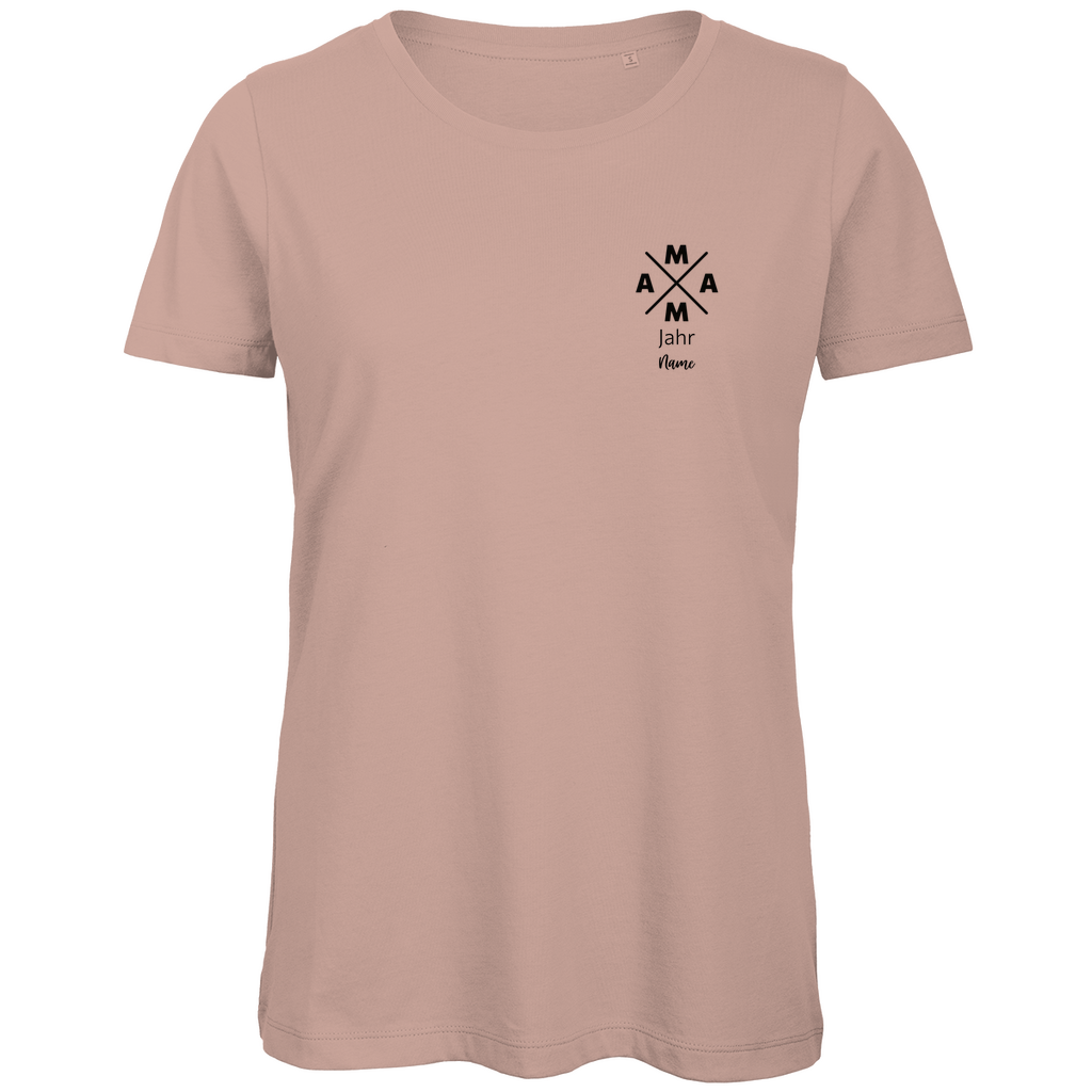 Damen T-Shirt „MAMA X Mini“ in Rosa (Altrosa) – personalisierbares Brustmotiv mit Wunschjahr & Name, modernes Design für stilbewusste Mamas. Ideal als Geschenk zum Geburtstag oder Muttertag.