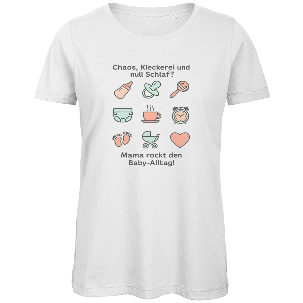 Damen T-Shirt "Momlife Masterclass" aus Bio-Baumwolle in Weiß – liebevoller und witziger Mama-Print mit Alltagsmotiven für starke Frauen
