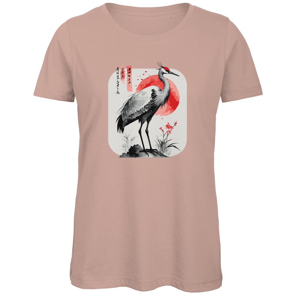 Damen T-Shirt „Red Sun Crane“ – Zen - inspiriertes Kranichmotiv im Sumi - e Stil aus Bio - Baumwolle - Clothes - JTG DESIGN