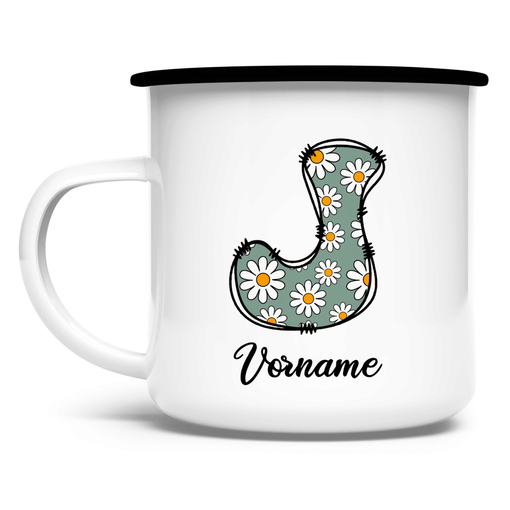 Emaille-Tasse mit floraler Initiale & Wunschname – in Weiß mit Edelstahlrand (Schwarz), personalisierbar mit Live-Vorschau, ideal für unterwegs oder als Geschenk