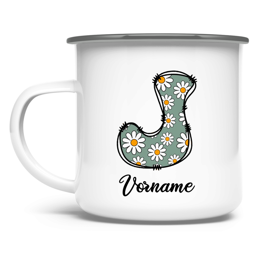 Emaille-Tasse mit floraler Initiale & Wunschname – in Weiß mit Edelstahlrand (Silber), personalisierbar mit Live-Vorschau, ideal für unterwegs oder als Geschenk