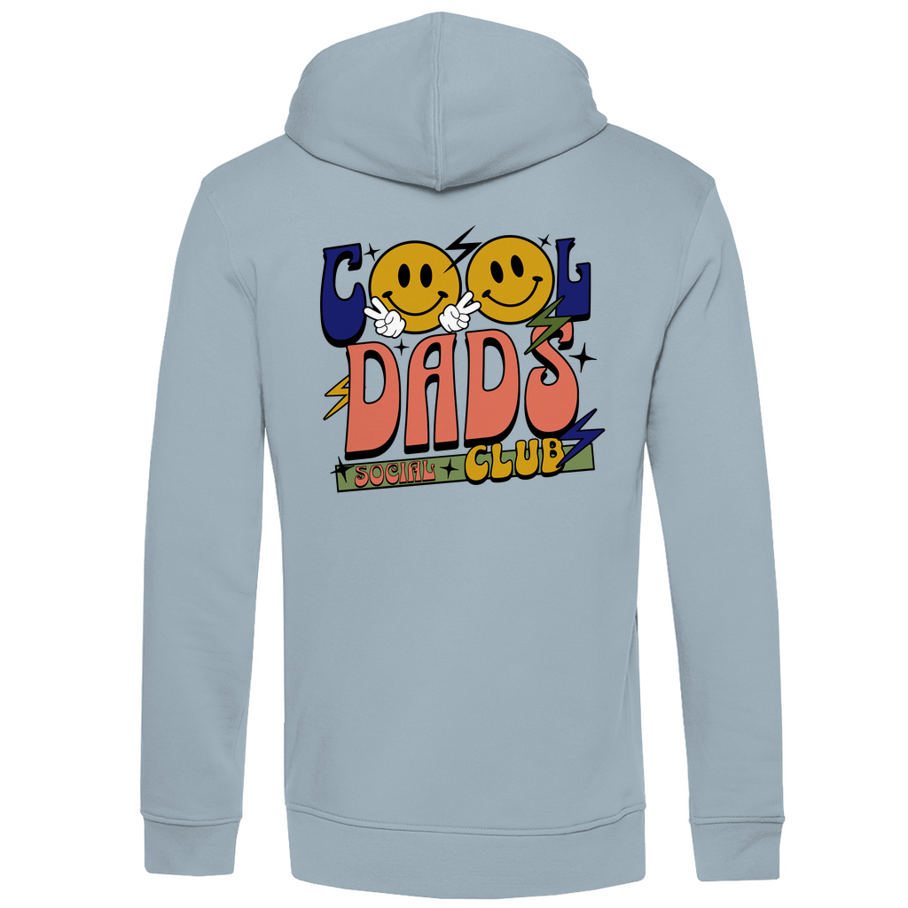 Hoodie Herren "Cool Dads Social Club" aus Bio-Baumwolle in Blau mit großem Backprint – stylischer Blickfang für Papas mit Charakter