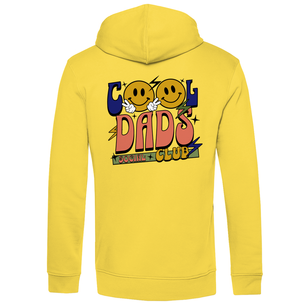 Hoodie Herren "Cool Dads Social Club" aus Bio-Baumwolle in Gelb mit großem Backprint – stylischer Blickfang für Papas mit Charakter