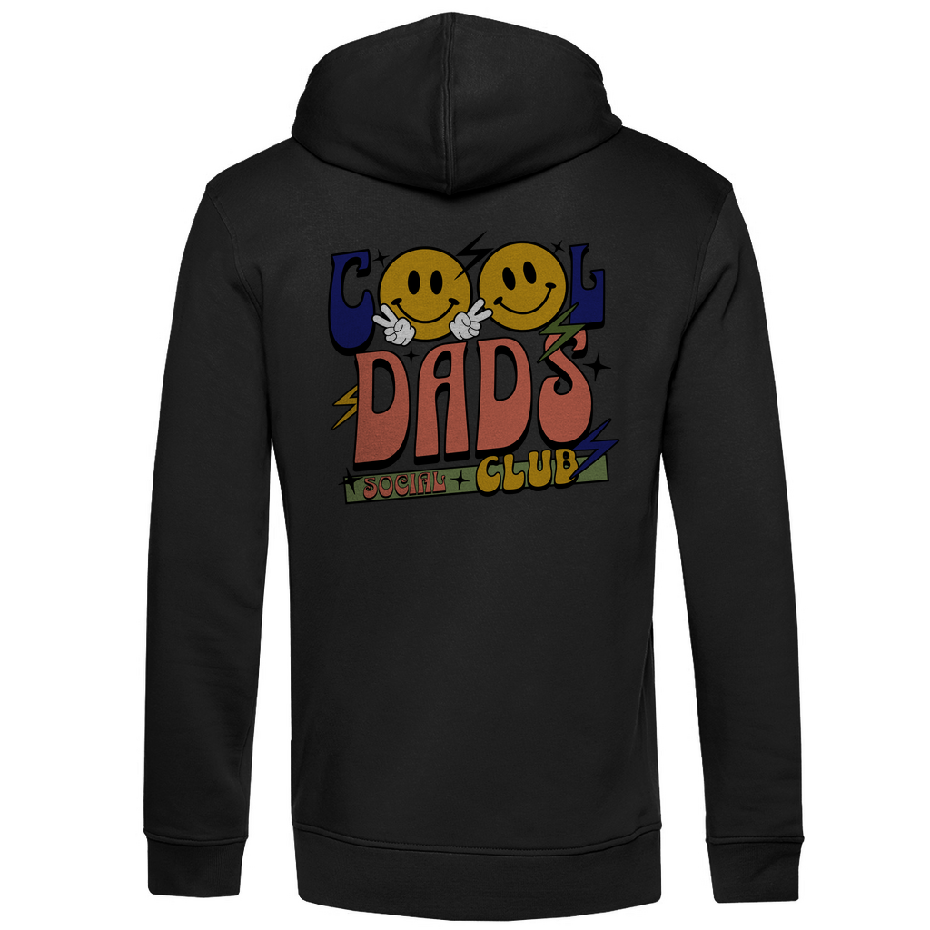 Hoodie Herren "Cool Dads Social Club" aus Bio-Baumwolle in Schwarz mit großem Backprint – stylischer Blickfang für Papas mit Charakter