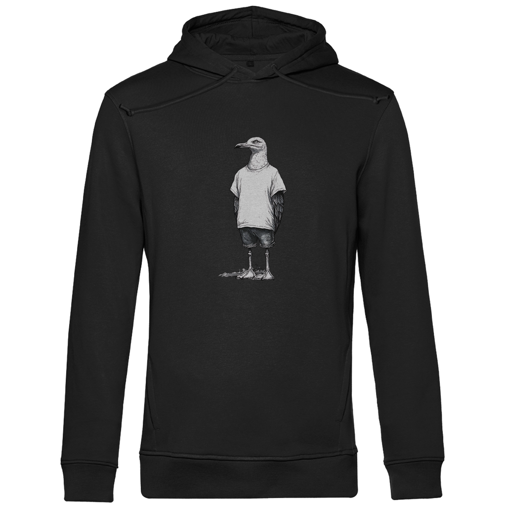 Hoodie Herren "Küstenvogel" aus Bio-Baumwolle in Schwarz mit gezeichneter Möwe auf der Brust – stylisches Motiv für moderne Männer mit Humor