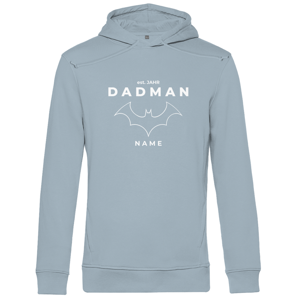 Hoodie Herren „Superheld Origins“ personalisierbar aus Bio-Baumwolle in Blau – zurückhaltendes Superhelden-Design mit Kapuze, Kängurutasche und Statement für Väter