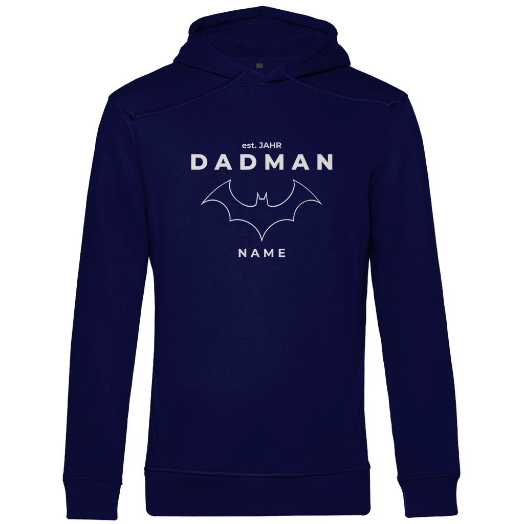 Hoodie Herren „Superheld Origins“ personalisierbar aus Bio-Baumwolle in Navy Blau – zurückhaltendes Superhelden-Design mit Kapuze, Kängurutasche und Statement für Väter