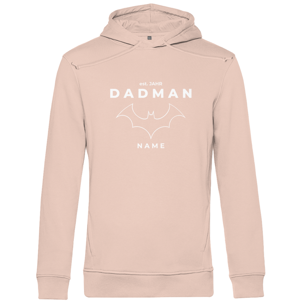 Hoodie Herren „Superheld Origins“ personalisierbar aus Bio-Baumwolle in Rosa – zurückhaltendes Superhelden-Design mit Kapuze, Kängurutasche und Statement für Väter