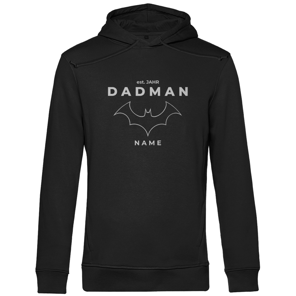 Hoodie Herren „Superheld Origins“ personalisierbar aus Bio-Baumwolle in Schwarz – zurückhaltendes Superhelden-Design mit Kapuze, Kängurutasche und Statement für Väter