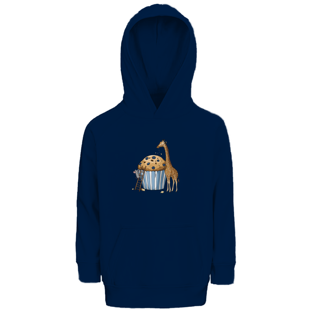 Kinder Hoodie "Muffin Friends" Kapuzenpullover mit Tiermotiv in Navy Blau: Maus auf Leiter und Giraffe an Blaubeer-Muffin