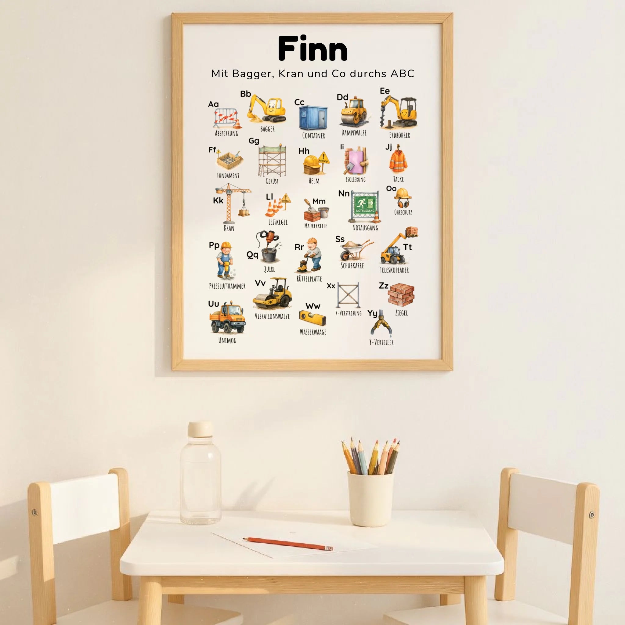 ABC-Poster für Kinder, Thema Baustelle „Bagger & Buchstaben“, personalisierbar mit Namen und Spruch; Illustrationen von Bagger, Kran, Walze; mattes Fotopapier im Hochformat; erhältlich in DIN A2; ideales Lernposter fürs Kinderzimmer und für Kitas in Deutschland
